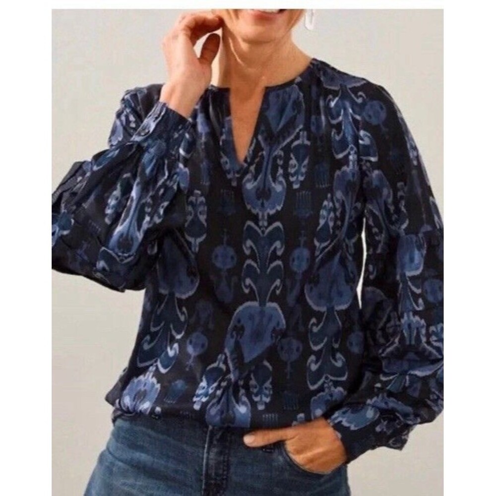 Chico's Pleated Sleeve Sea Island Indigo Ikat Popover Top 3 (16)